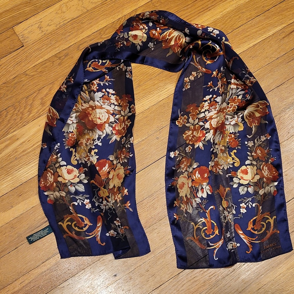 Lauren Ralph Lauren 100% Silk Floral Baroque Oblong Scarf, 11" x 52" - Picture 2 of 9